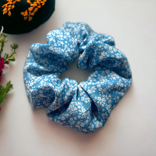 Sky Floral Scrunchies| Handmade Hair Accessories | Soft & Stretchy Elastic Scrunchies for Women | Stylish & Crease-Free Hold"